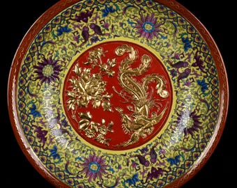 Plato de porcelana Familia Rosa: Diseño de fénix y peonía, plato decorativo de estilo antiguo