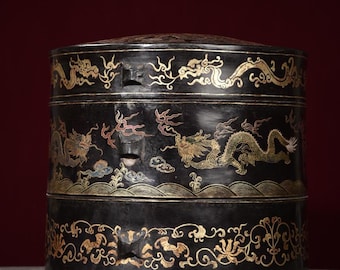 Antique Chinese Lacquer Hat Box: Hand-Painted Gold Dragon Decor