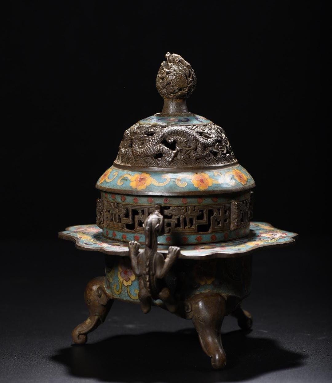 中国アンティーク七宝香炉: 龍の蓋、象の足 - Etsy 日本