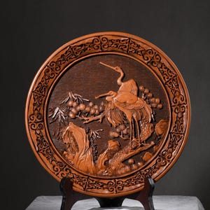 Antique Chinese Cinnabar Lacquer Plate: Carved Pine & Crane Longevity Motif