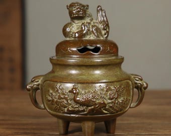 アンティークブロンズ香炉：獅子蓋付き中国製三脚香炉 - Etsy 日本