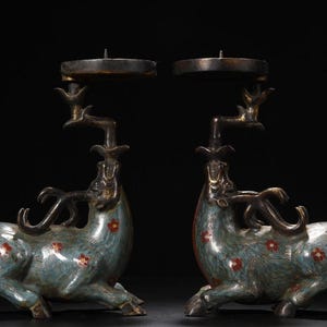 Antique Chinese Cloisonné Deer Candle Holders: Gilded Enamel Stag Candlesticks