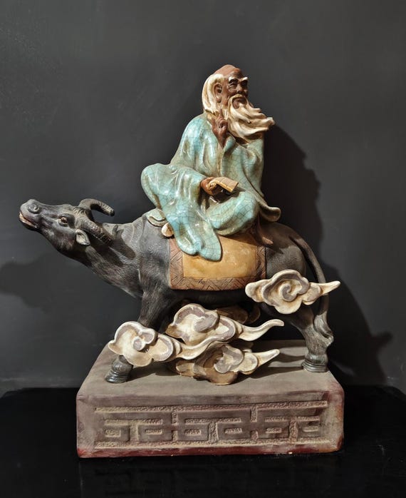 Antique Shiwan Ceramic Laozi Riding Ox Statue | Taoist Art