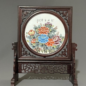 Antique Chinese Porcelain Plate Painting - Chicken Wing Wood Frame