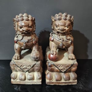 Antique Shiwan Ceramic Foo Dogs: Chinese Guardian Lions