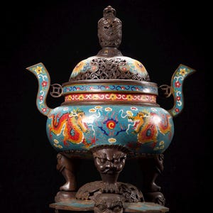 Cloisonné drakenwierookbrander, yuanbao wierookvat met deksel, Dragon Chasing Pearl Aziatisch tempeldecor