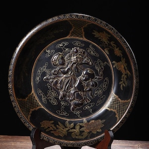 Antique Chinese Gilt Lacquer Display Plate: High Relief Asian Art