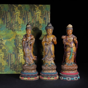 Antique Shoushan Stone Western Three Saints Buddha Statue Set | Hand-Carved Avalokiteshvara Amitabha Mahasthamaprapta | Buddhist Altar Decor