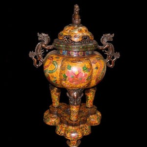 Antique Chinese Cloisonné Incense Burner: Dragon Handles, Foo Dog Lid