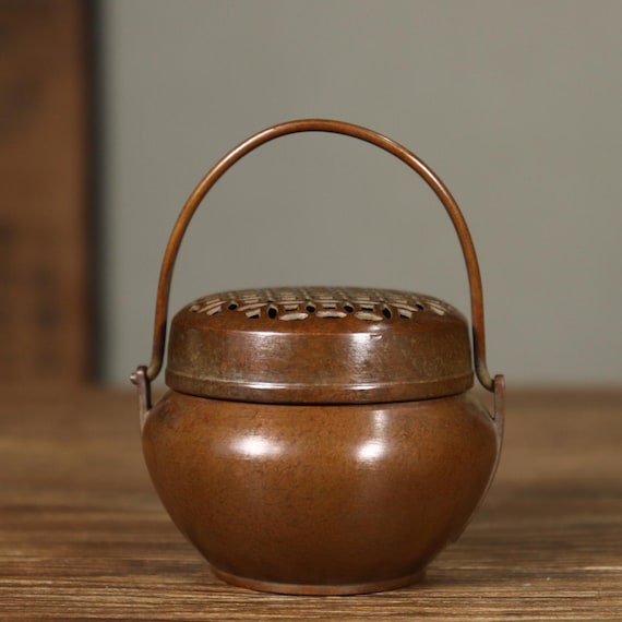 Bruciatore di incenso antico in ottone con coperchio, ignifugo, in