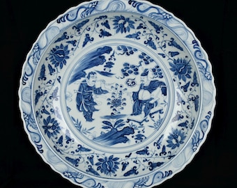 Antique Blue and White Porcelain Plate: Floral Scroll & Figure Scene