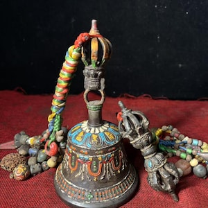 Antique Tibetan Ritual Bell & Vajra Set: Hand-Hammered Bronze, Gem Inlay