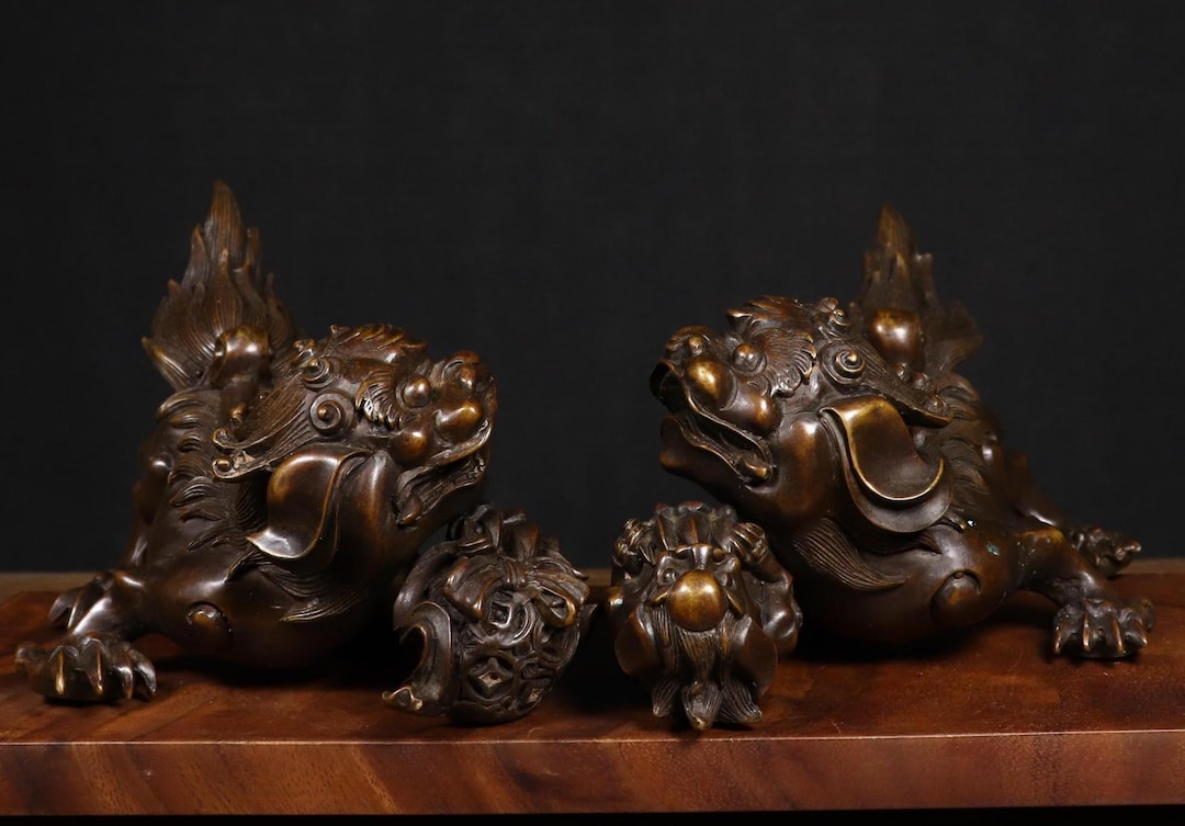 Antique Solid Brass Foo Dog Pair | Chinese Guardian Lion Statues | Feng ...