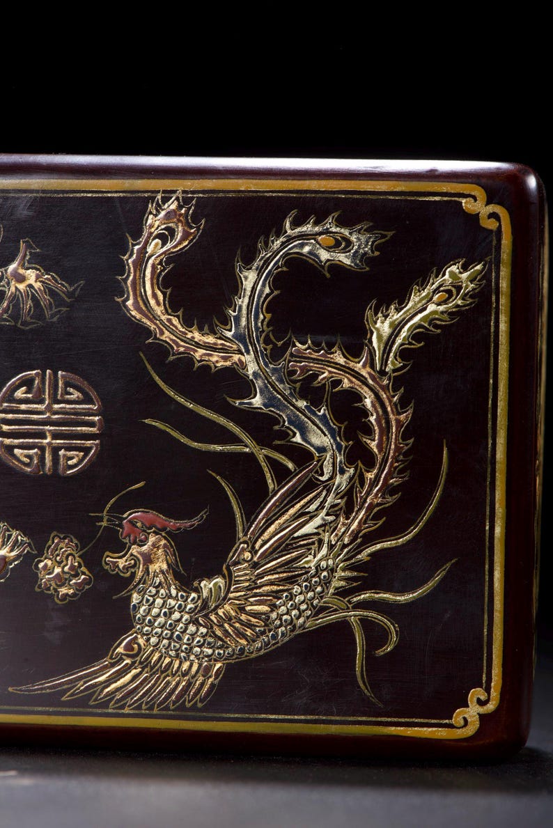 Antique Chinese Dragon Phoenix Lacquer Jewelry Box, Vintage Asian Gilt ...