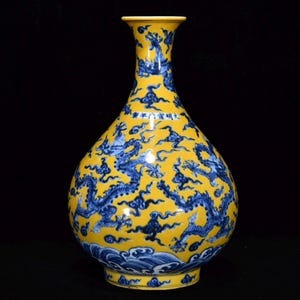 Antique Chinese Yellow Ground Blue and White Dragon Yuhuchun Vase, Porcelain Dragon & Waves Vase