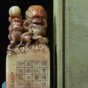 May include: A rectangular stone seal featuring a carved mythical creature on top, with a grid of sixteen Chinese characters engraved on the front face. The stone displays variegated shades of tan, brown, and reddish-orange, resting on a blue base.