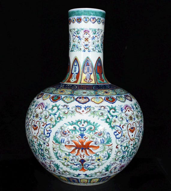 大型手描き豆彩蓮天秋瓶 - アンティーク中国磁器壺 - Etsy 日本