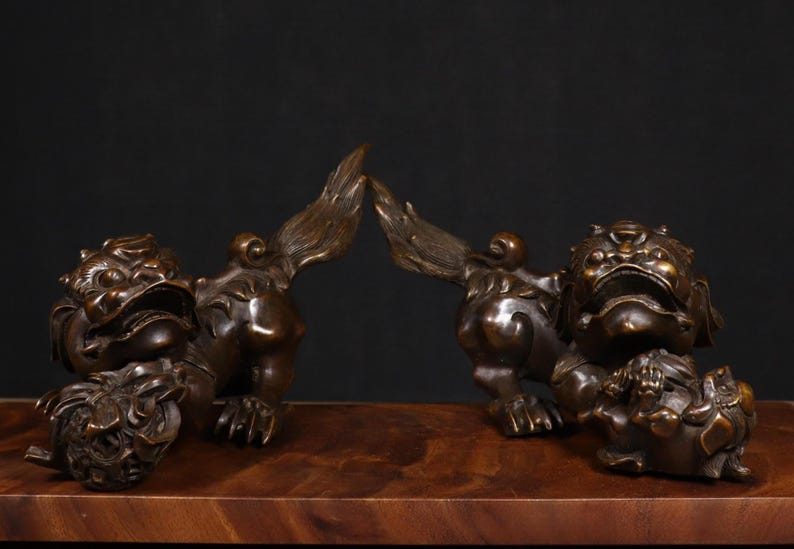 Antique Solid Brass Foo Dog Pair | Chinese Guardian Lion Statues | Feng ...
