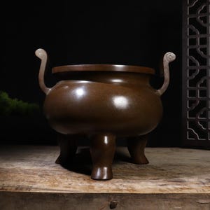 Large Antique Chinese Bronze Tripod Censer with Chao Guan Ears|Heavy Incense Burner with Smooth Patina|Ritual Vessel Home Altar or Feng Shui
