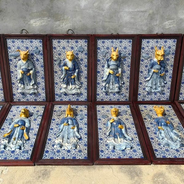 Antique Qianlong Blue & White Porcelain Zodiac Wall Panel - Rosewood Frame