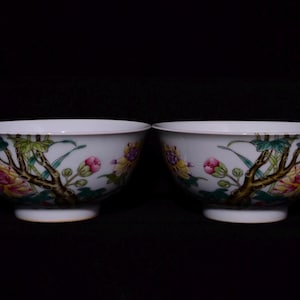 Pair of Qing Yongzheng Style Famille Rose Enamel Floral Bowls – Hand-Painted Peony & Dragonfly Porcelain Art | Chinese Collectible