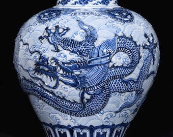 Vase D'art Céramique Dragon Bleu Marine - Oriental Cobalt - Fait Main Ws4519