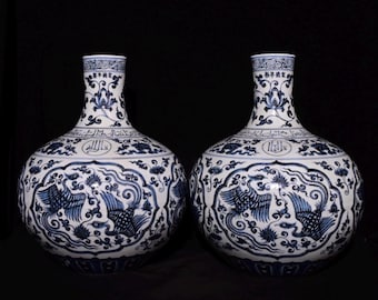 Jarrón Tianqiuping chino antiguo azul y blanco con doble fénix, de calidad museística; botella de porcelana con forma de globo terráqueo pintada a mano al estilo islámico con escritura árabe.