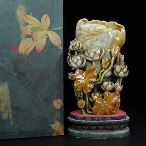 Large Shoushan Stone Lotus Brush Pot | Hand Carved Openwork Scholar Desk Sculpture | Chinese Seal