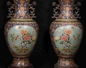 ヴィンテージ 中国製 赤金鳥牡丹菊花七宝焼き 9インチ花瓶 - Etsy 日本