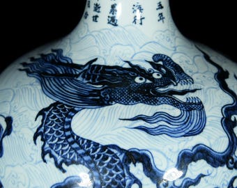 Chinese Blue and White Porcelain Dragon Vase | Hand-painted Ming