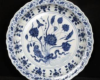 Antique Blue and White Porcelain Plate: Lotus Bouquet Design, Collectible Home Decor