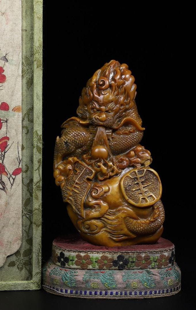 アンティーク彫刻自然Shoushan石のシールシールシール装飾 Antique Shoushan Stone Dragon Seal: Hand-carved Chinese