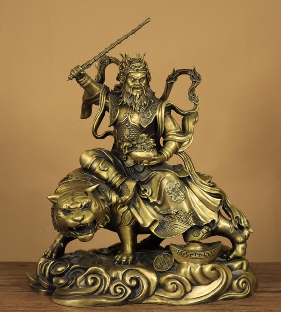 Vintage Solid Bronze Zhao Gongming Statue • Wealth God Riding