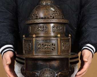 Antike chinesische Bronze fünf-stufige Räuchergefäß | Elefantenbein Weihrauchbrenner | Hohlgeschnitzte Ritualbronze | Feinguss