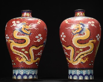 Antike chinesische Cloisonné Emaille Vasen: Drache & Phoenix Meiping Paar, 34 cm
