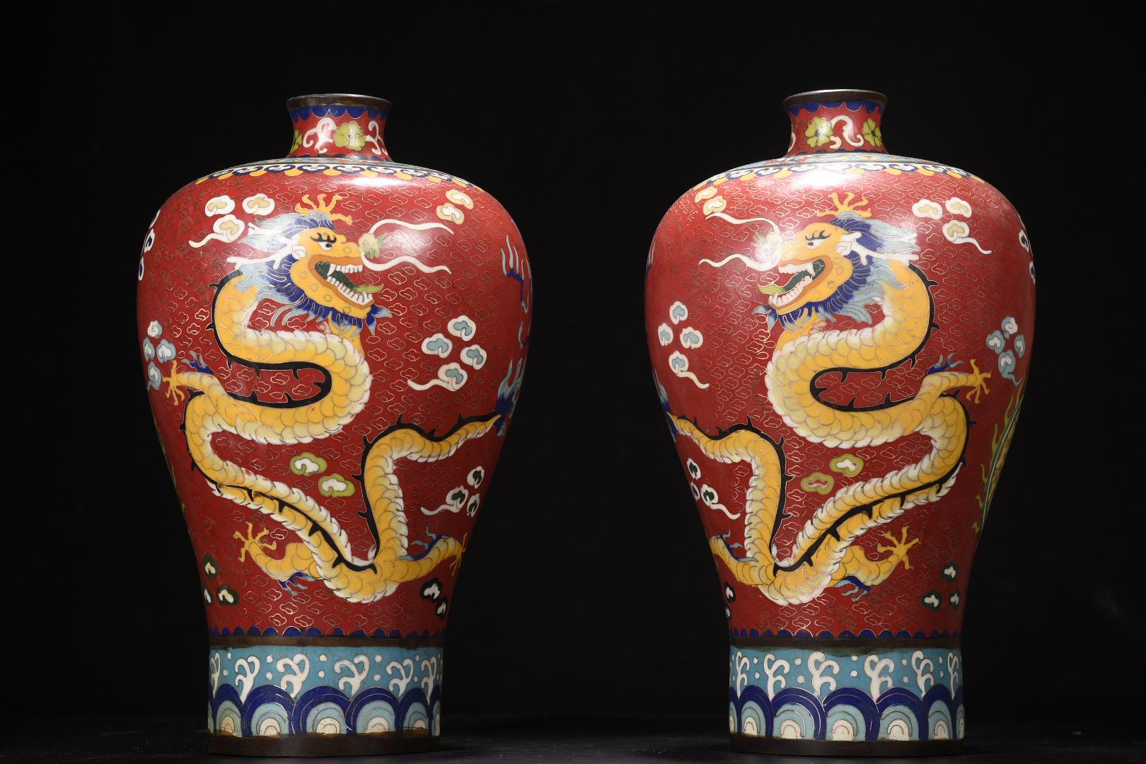 中国の七宝焼花瓶ペア アンティーク中国七宝焼花瓶: 龍と鳳凰のメイピンペア、34 cm - Etsy 日本