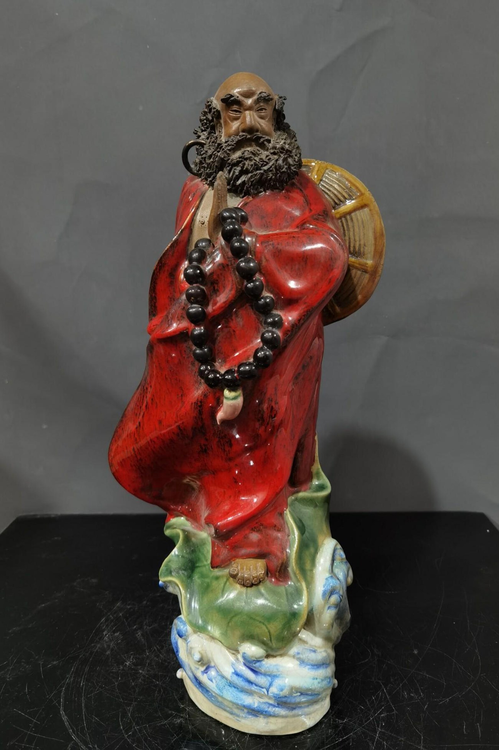 Vintage Shiwan Kiln Bodhidharma Statue, Handmade Chinese Ceramic Damo, Crossing River on Lotus Leaf, Buddhist Monk Sculpture, Zen Decor