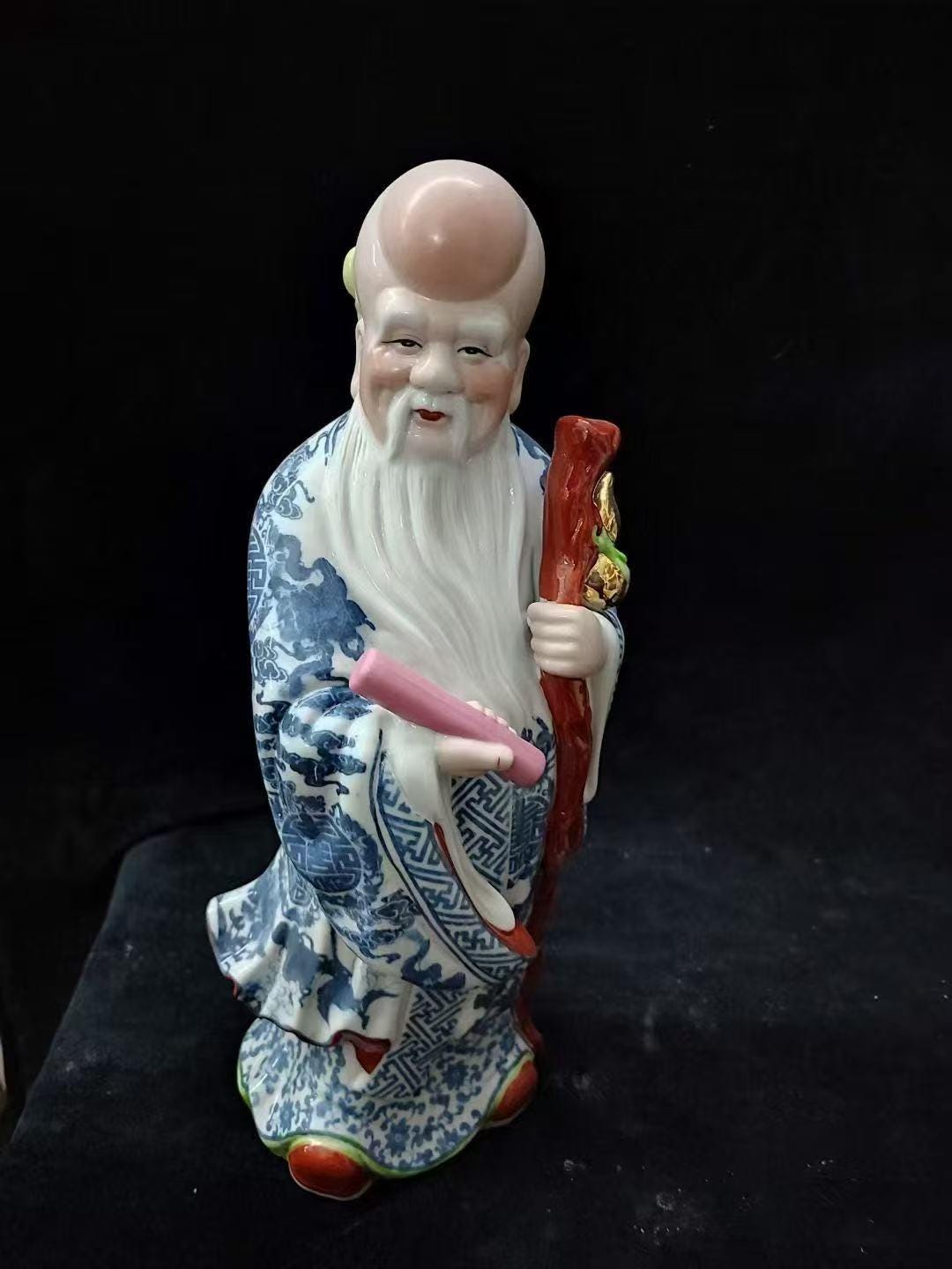 希少 中国古磁 粉彩 手描き 寿老人図 骰子入 置物 清代 同治在銘 美品