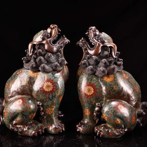 Antique Chinese Cloisonné Foo Lion Incense Burner Pair: Bronze Enamel Wangtianhou Censers