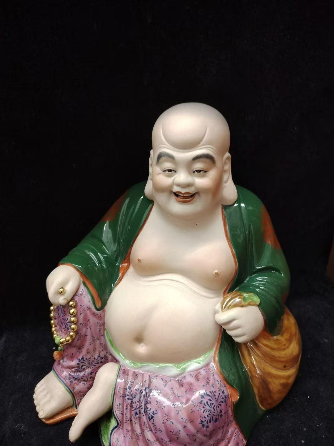 Laughing Buddha Statue: Red & Gold Porcelain Maitreya - Chinese