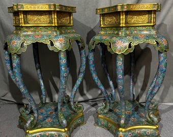 Large Chinese Cloisonné Pedestal Stands: Five Blessings Longevity Design