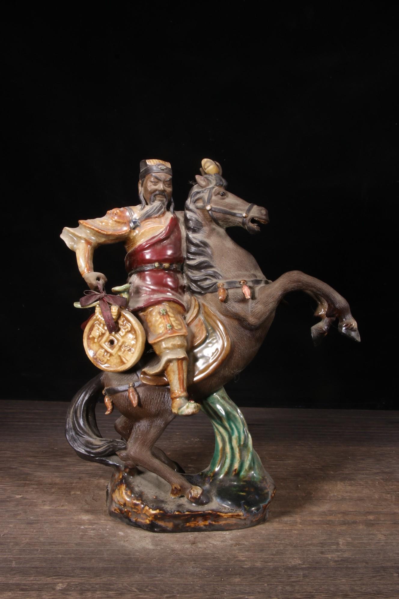 Antique Shiwan Ceramic God of Wealth on Horse Figurine: Feng Shui