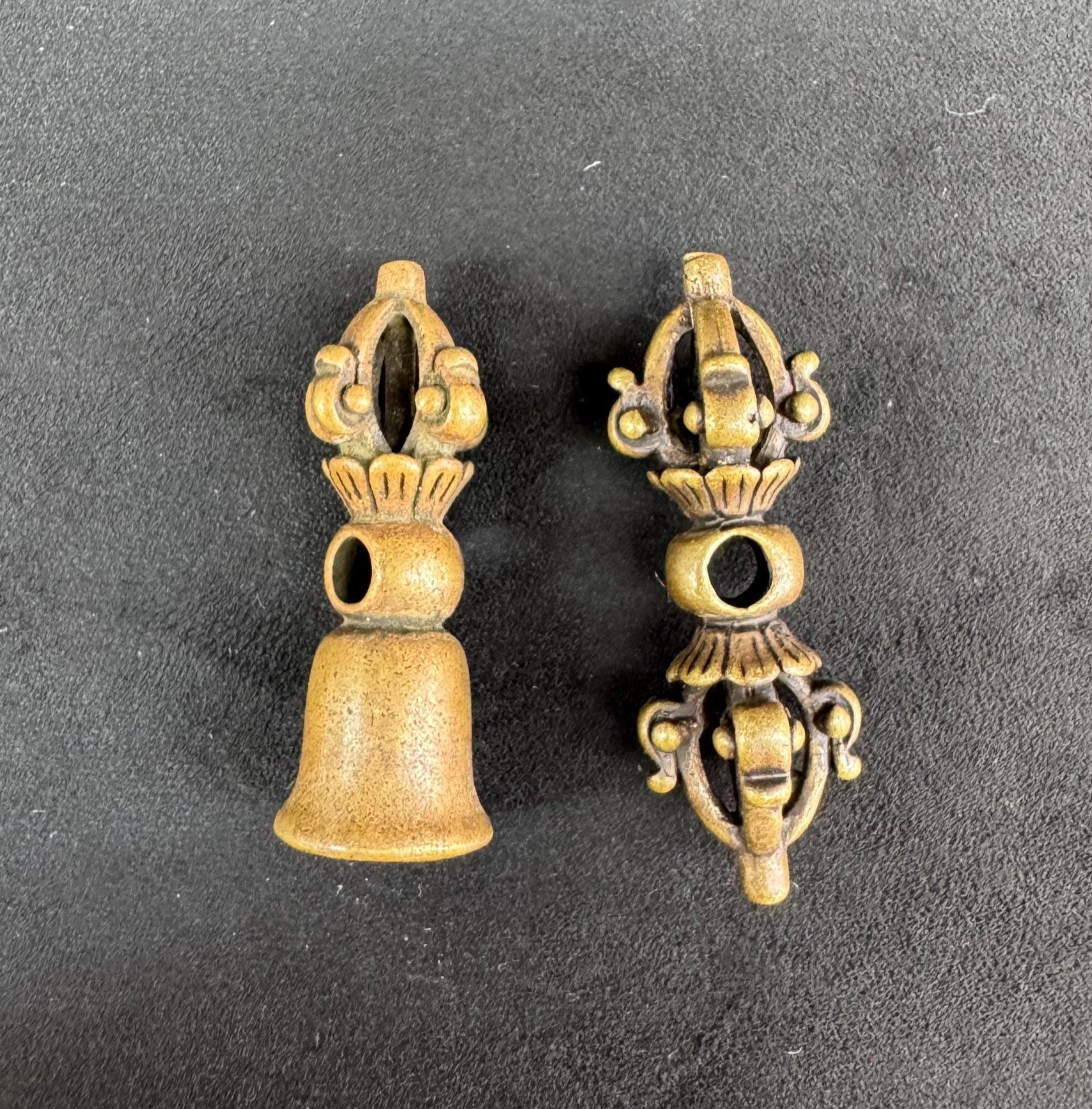 Tibetan Vajra Bell Pendant Set - 2 Brass Miniature Amulets For Jewelry Making