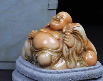 Sello antiguo de piedra Shoushan del Buda sonriente – Estatua del Buda Maitreya – Decoración Feng Shui para la riqueza y la prosperidad