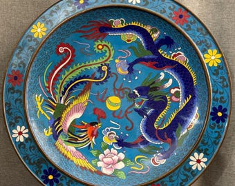 龍と鳳凰を描いた中国の七宝焼き皿 - Etsy 日本