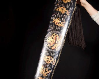 Guqin chino / Nueve dragones lacados en oro / Instrumento del dragón imperial / Arte lacado pintado a mano