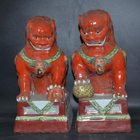 アンティーク中国製赤釉狛犬：磁器製守護獅子像 - Etsy 日本