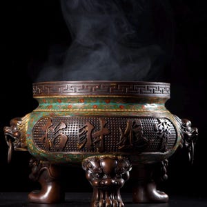 Op de afbeelding: Een bronzen wierookbrander met ingewikkelde details, met een groen en rood bloemmotief, drakenkopgrepen en een decoratieve rand. De brander heeft drie leeuwenpootvoeten en geeft een zweem van rook af tegen een zwarte achtergrond.