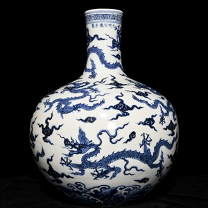Stor antik blå och vit drake Tianqiuping-vas, kinesisk porslinsvas med drakeflaska, Ming-stil Qinghua keramikdekor