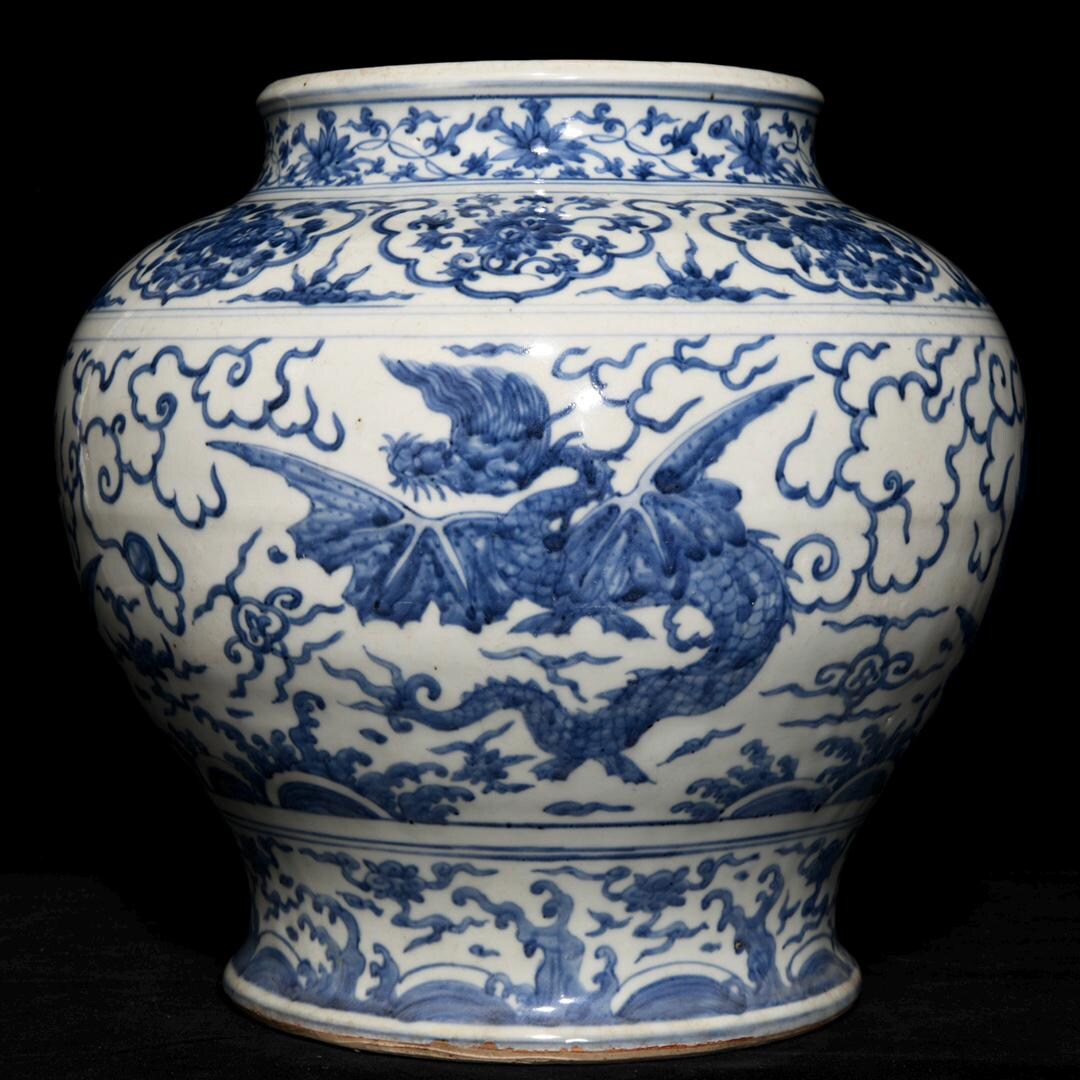 アンティーク中国明代手描き青白磁壺 - 龍のモチーフ磁器、収集